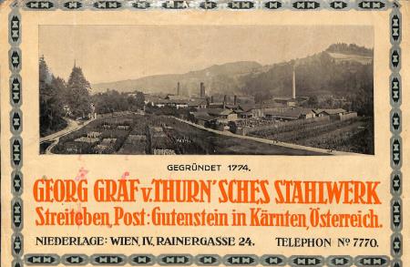 Slika 14: Izsek iz promocijskega plakata Jeklarne grofov Thurn na Ravnah, okrog 1918, PAM, Železarna Ravne, AŠ 20.